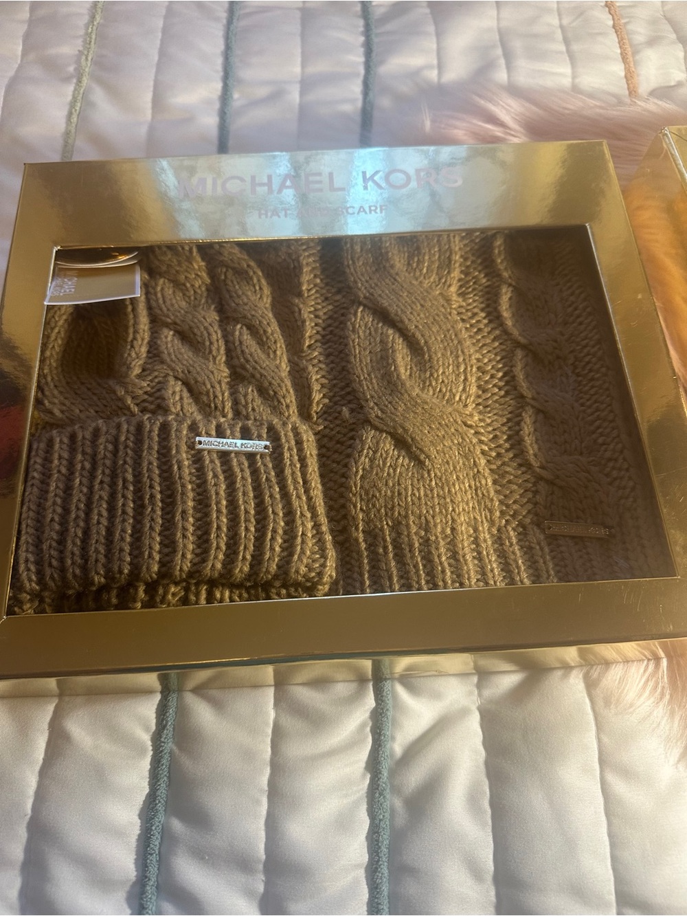 Michael Kors Brown Cable Knit Beanie and Scarf Gift Set